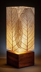 A square, wooden-based table lamp showcasing intricate pressed leaf designs.
