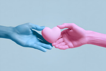 Hands reach to exchange a pink heart. A blue hand offers it to a pink hand, set against a serene light blue background.