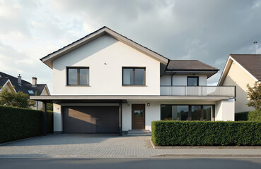 Modern white house with flat dark roof. Carport with closed garage. Green bush fence near building. Suburban residential area. Family house on street with block pavement under cloudy sky.
