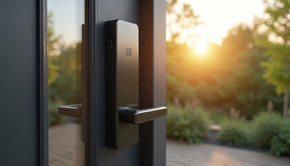 Modern smart door lock, handle on dark, sleek door. Opens to bright, sunlit garden patio. Keyless access system offers advanced home security tech. Beautifully blends contemporary design with nature