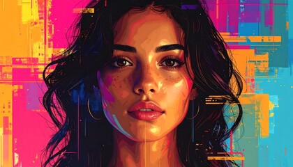 A vibrant digital artwork portrait of a woman with dark hair, warm skin, and expressive eyes, set against a colorful, abstract background