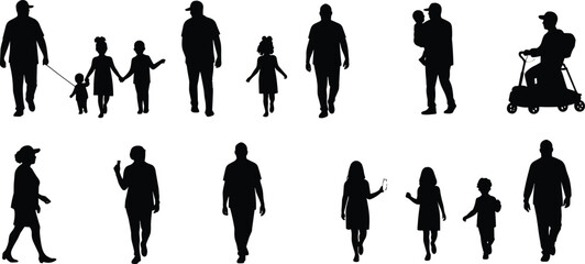 Family silhouettes walking, parents and children, lifestyle vector set, daily life people, stroller illustration, community, casual urban design