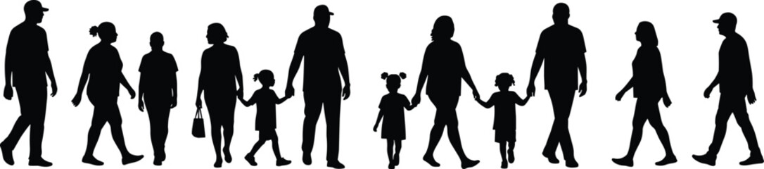 Family walking silhouettes, people crowd, children holding hands, parents and kids, lifestyle vector, community illustration, urban people design