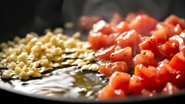 Chopped garlic diced tomato cooking with oil steam rising in pan fresh vegetables aroma