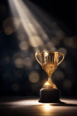 Golden trophy under spotlight, symbolizing victory, achievement, and success. A beacon of recognition against a dark backdrop.