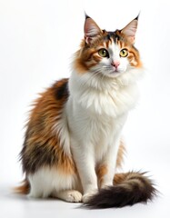 Obraz premium Ginger calico cat sits isolated on white background. Domestic pet feline with long fluffy fur. Adorable animal with beautiful yellow eyes in studio, front view.