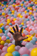 Playful Reach: A hand emerges from a vibrant ball pit, inviting fun and exploration. Capture the joy of childhood.