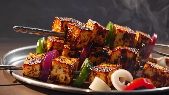 Close-up video shot of sizzling paneer skewers on a grill, capturing the smoky texture and vibrant colors of vegetables at an eye-level angle.