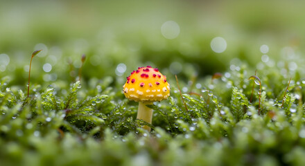 A vibrant yellow and red spotted mushroom stands tiny amidst lush green moss covered in glistening water droplets.