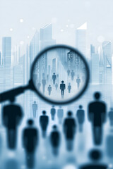 A focused lens on individuals in the urban scene suggests searching, analysis, or scrutiny of people within the cityscape.