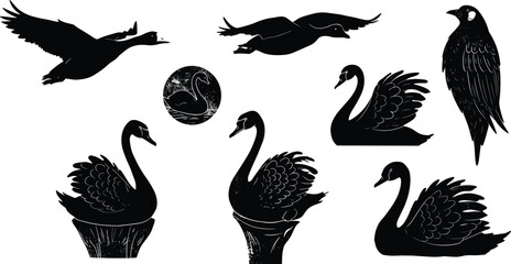 Black swan silhouette, flying birds, elegant swan design, vintage swan illustration, decorative bird artwork, animal vector, nature symbol