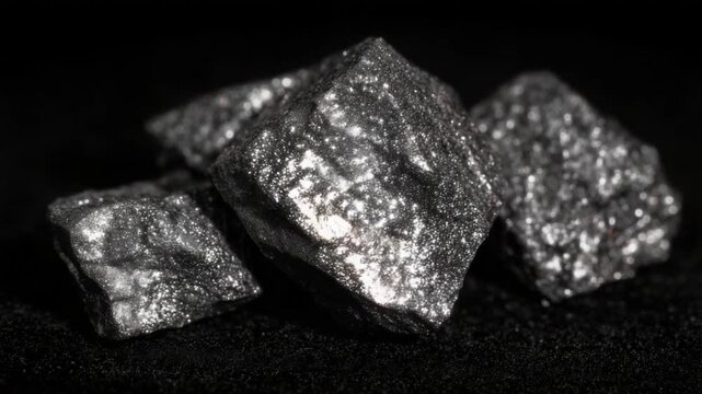 Explore the intricate beauty of rare earth alloys with high-detail, shimmering shapes set against a textured black backdrop.