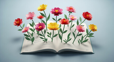 Paper cut composition of blooming flowers growing from open notebook.