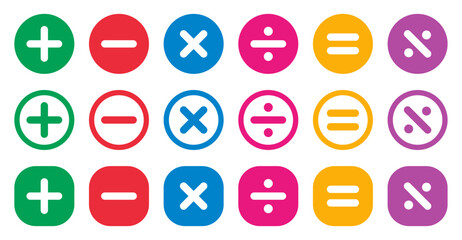 Flat vector illustration of mathematics symbols. Includes plus, minus, multiply, divide, equal, and percentage icons in colorful circular and square styles. Perfect for education and UI design.