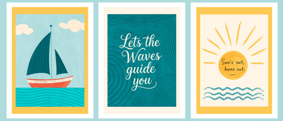 Set of vector summer greeting card templates with yacht, sun, waves and lettering.