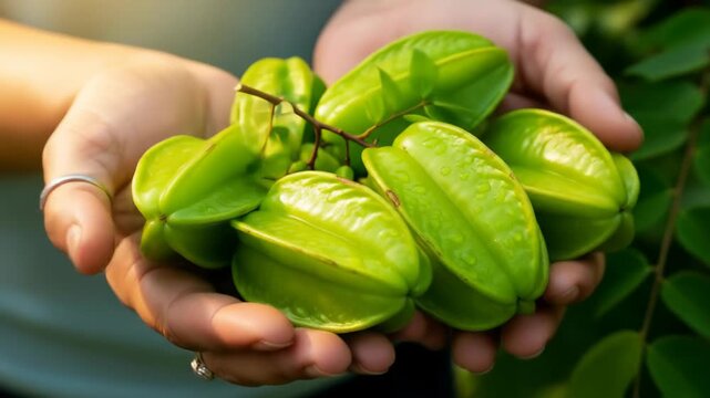 Fresh Star Fruit Held in Hands, Close-up Harvest