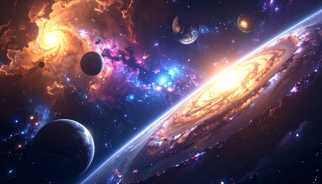 Cosmic spectacle of swirling galaxies and planets - Powered by Adobe