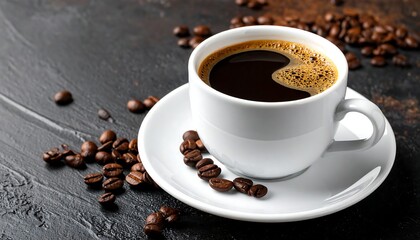 A white cup of black coffee, surrounded by scattered roasted coffee beans, on a textured dark surface. The beverage offers a rich color and inviting aroma