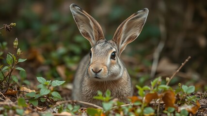 Obraz premium A wild hare with long ears stands amidst lush green foliage, gazing directly at the camera with a curious and alert expression in its natural habitat outdoors.