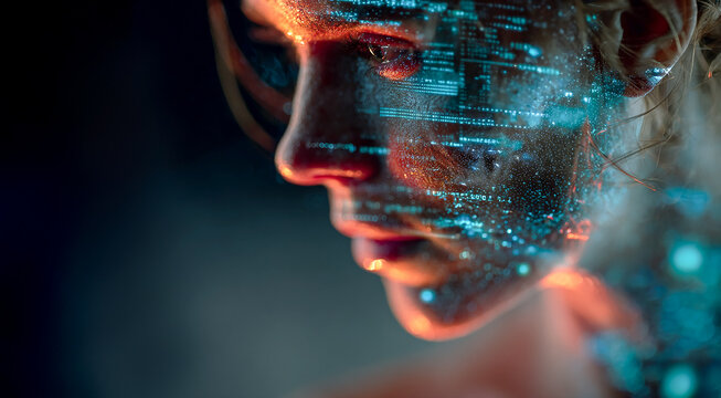 A neural network scans a face, a close-up of a human head with glowing neural connections and scanning lines superimposed on it, a futuristic aesthetic of artificial intelligence