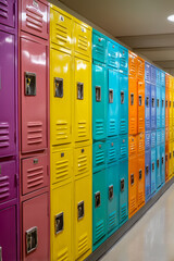 Colorful lockers in a school hallway create a vibrant, organized storage solution, evoking memories of education and learning.