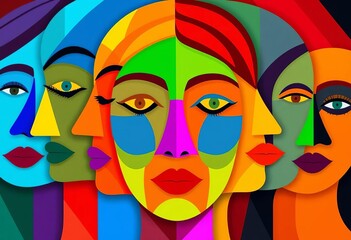 Abstract colorful faces, diverse expressions formed by geometric shapes and vibrant hues, visual, design
