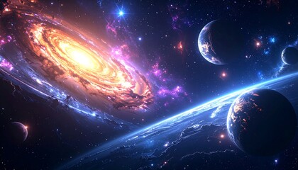 Obraz premium Cosmic swirl, vibrant planets, and galaxies