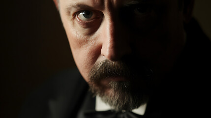 Intense gaze: A man's face emerges from shadow, his eyes revealing depth. Mystery and intrigue fill the frame.