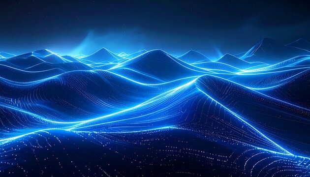 Abstract digital artwork showcasing waves of neon blue light across a dark landscape. The scene evokes a sense of futuristic energy