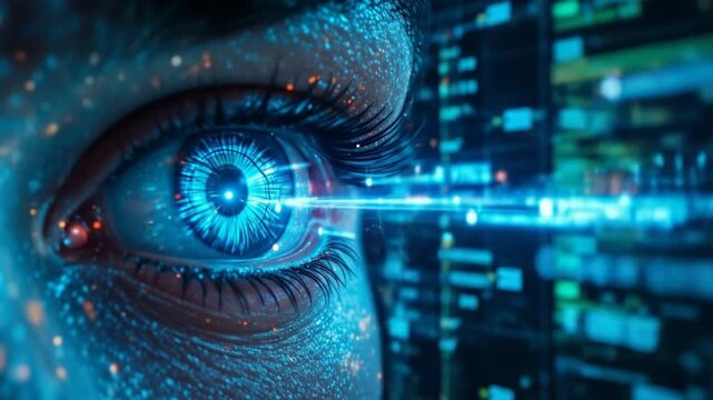 A human eye with a futuristic vision system observes source program code. Concepts of computer hacking and piracy, control, and protection. 4k video