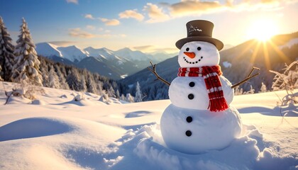 Obraz premium A cheerful snowman, adorned with a top hat and scarf, stands in a snowy mountain landscape, with sunlight