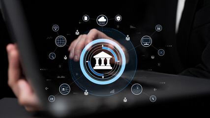 A global FinTech and digital banking network technology concept. A central financial system...