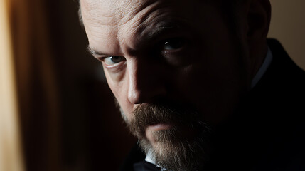 Intense portrait of a mature man with a serious expression. Dramatic lighting highlights his features, creating a sense of mystery and intrigue.