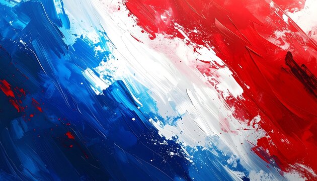 An abstract design featuring bold strokes of blue, white, and red paint, creating a textured and dynamic composition