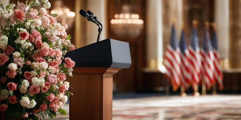 Floral arrangement of pink roses beside a podium with microphones, set against a backdrop of flags, creating an elegant atmosphere for a formal event or speech presentation