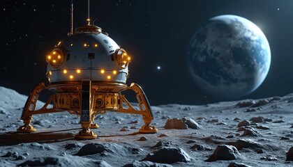 Lunar lander stands on moon surface. Earth is visible in dark space. Space mission concept shows future tech and science progress. Lunar exploration vehicle on satellite with rocky terrain and crater.