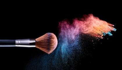 one make up brushes with flying color powder product on black background concept of glamour make up in minimal black