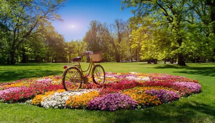 Fototapeta premium enjoying a sunny day with a bicycle surrounded by colorful flowers in a peaceful park