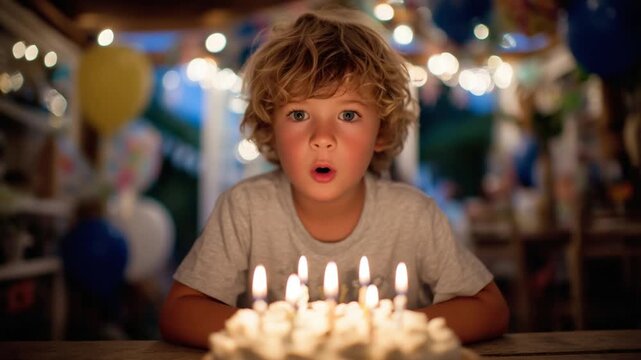 A child eagerly leans over a lit birthday cake, surrounded by festive balloons and streamers in a lively party setting.