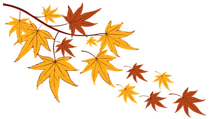 vibrant illustration of a stylized branch with golden yellow and reddish-brown autumn maple leaves isolated on white background.