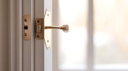 Fototapeta premium Open door with simple knob handle and brass latch. Bright light streaming in. Fresh, clean interior design. Inviting access and secure closure.