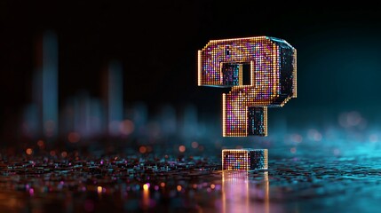 Intriguing pixelated question mark glowing with vibrant colors on a reflective surface, evoking curiosity and wonder, ideal for technology, gaming, or educational content