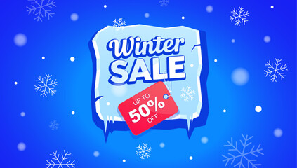 Winter sale banner with lettering ice text, discount label 50 percent off, snowflake background