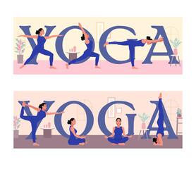 yoga-women-pose-big-word-landscape-banner-vector-illustration