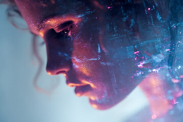 A neural network scans a face, a close-up of a human head with glowing neural connections and scanning lines superimposed on it, a futuristic aesthetic of artificial intelligence