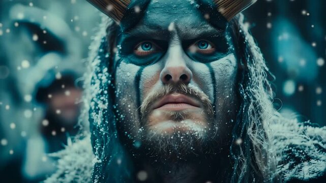 Intense close up of a horned viking warrior's face in the falling snow. A powerful mythological character with blue eyes and war paint. Cinematic fantasy concept