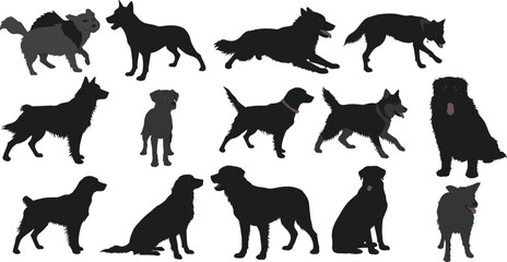 Vector dog silhouettes collection, domestic pet animal poses, playful dogs, sitting dogs, standing dogs, walking dogs illustration