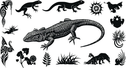 Vector lizard silhouette with tribal reptile designs, decorative nature plants, abstract artwork, wild reptile illustration, exotic animal