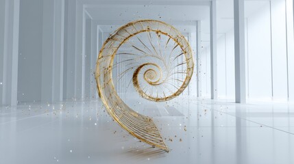 Abstract golden spiral sculpture in futuristic architecture design