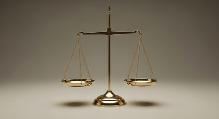 A golden scales of justice stands centered against a neutral background in a studio setting